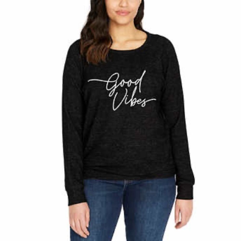 Super Soft Black Sweatshirt with Good Vibes Writing on Front Size Large 